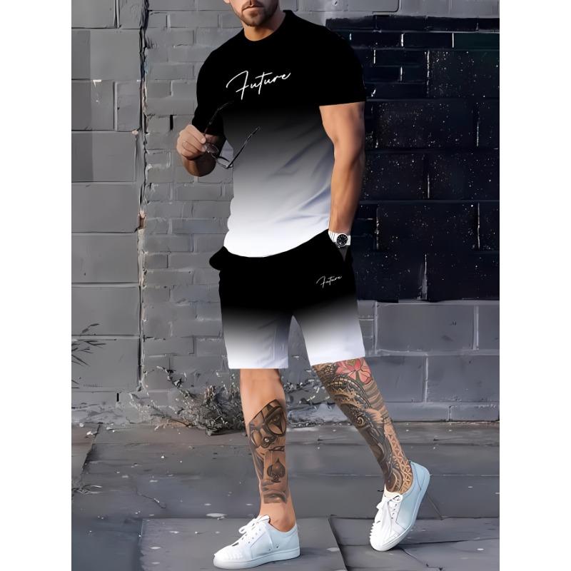 

Мужской комплект с градиентным принтом в винтажном стиле: Дышащая футболка с 3D-графикой, шорты, эластичный полиэстер, круглый вырез, стандартный крой, летняя повседневная спортивная одежда XL