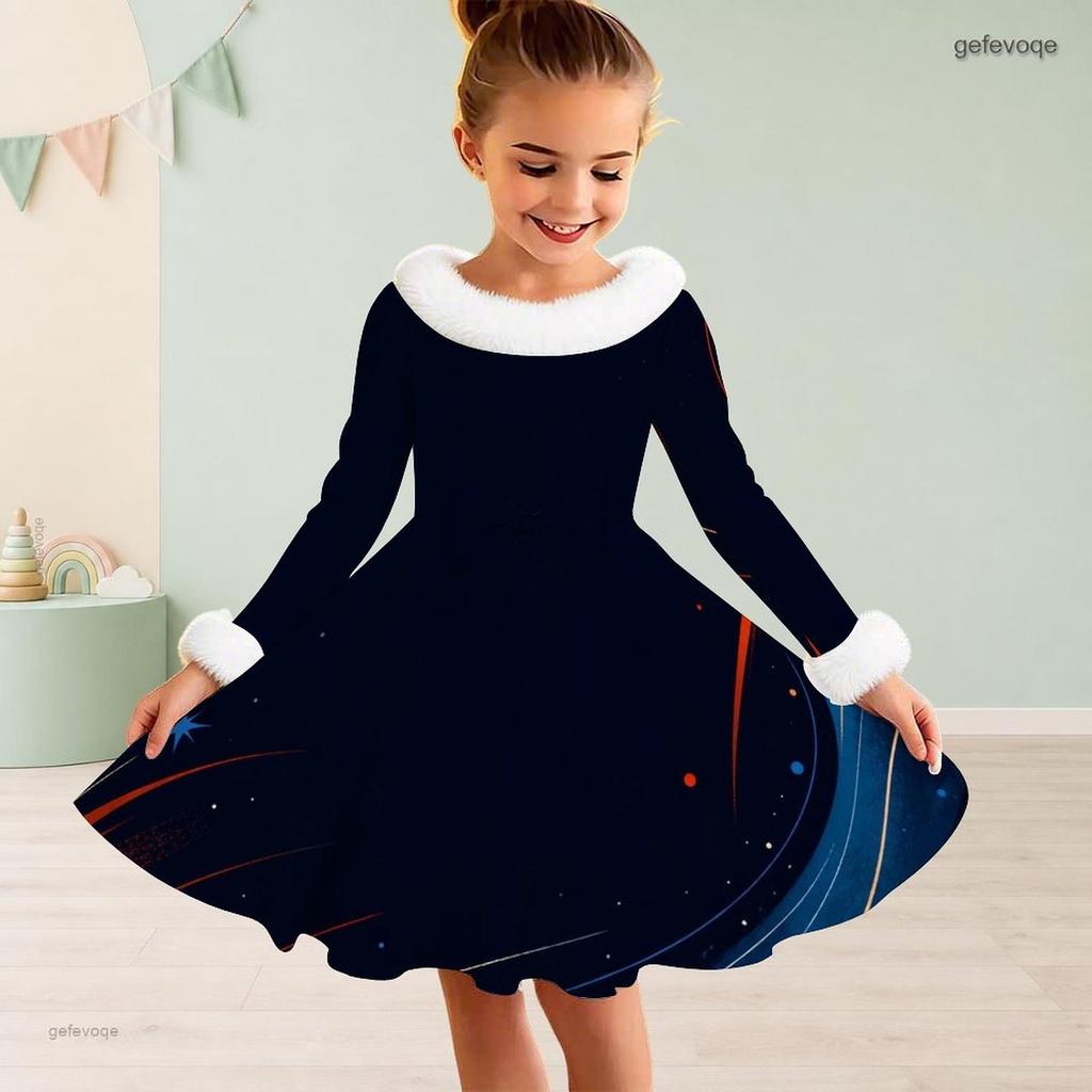 Girls High Neck Long Sleeve Printed A Line Flared Dress Red Blue White Furry Trim Bow Decor