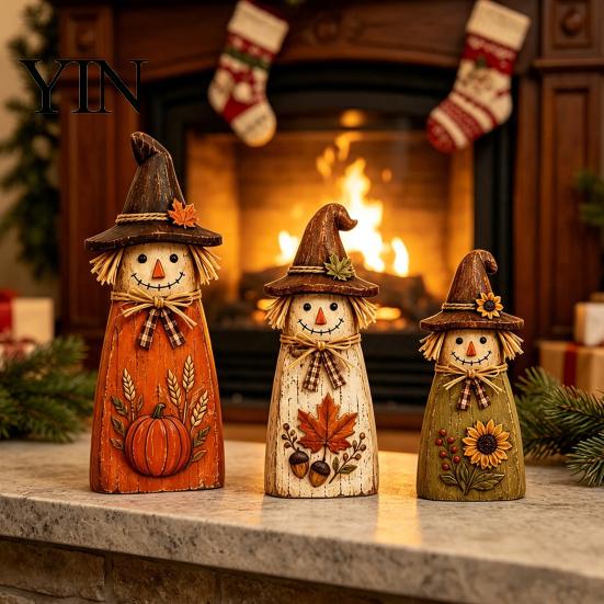 Solid Wood Seasonal Centerpiece 3Pcs Rustic Wooden Halloween Cat Tabletop Decor, Farmhouse Black Figurine Indoor Party Supplies with Witch Hat, Autumn
