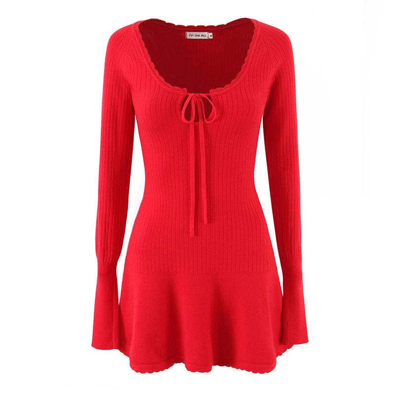 

2025 Autumn European & American Style Elegant Slim-Fit Long-Sleeve Knit Dress with French Wave-Edge and Lace-Up Bust Medium красный