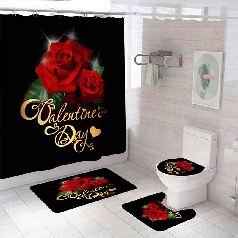Rose Flower Shower Curtain Set Non-Slip Rugs Bath Mat Toilet Lid Cover And 12 Hooks Waterproof Polyester Bathroom Home Decor