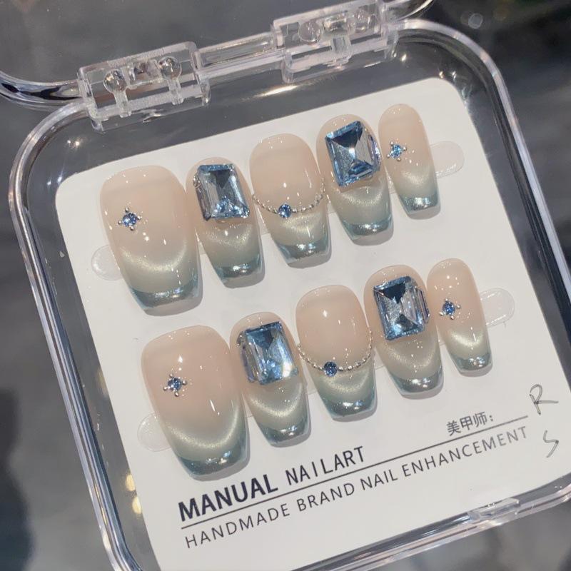 

Ice Blue French Cat Eye Diamond Gel Press-On Nails Extra Small