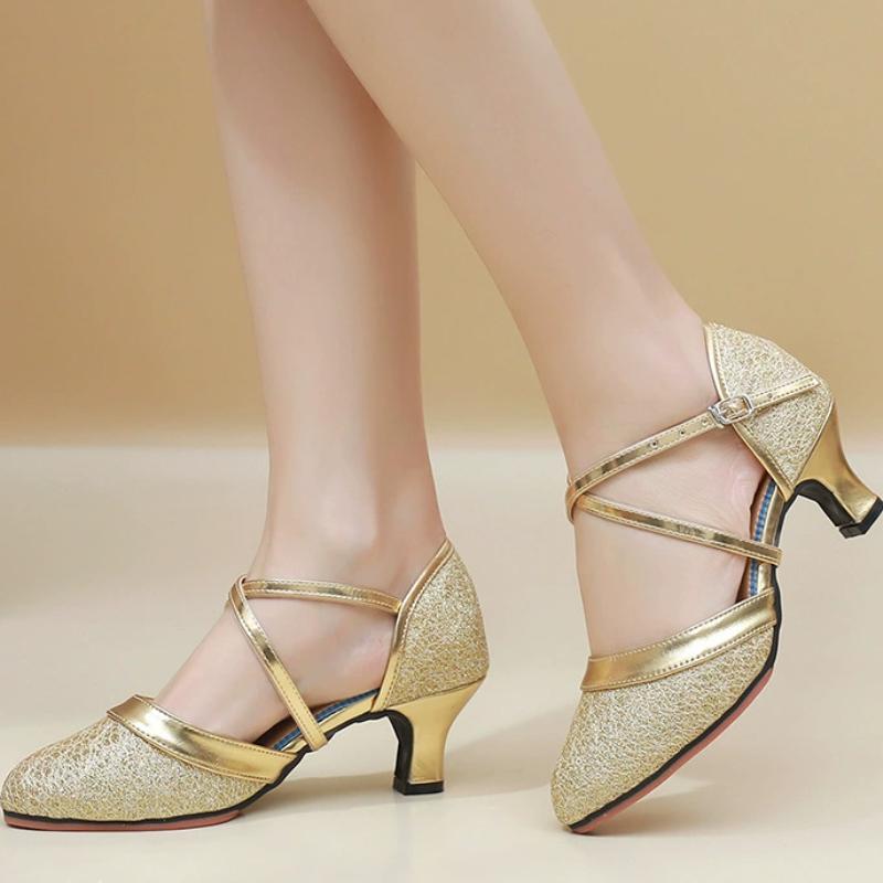 

Женские блестящие туфли для латинских танцев D Orsay с ремешками-пряжками на толстом среднем каблуке, универсальные туфли-лодочки для танцев под платье 38