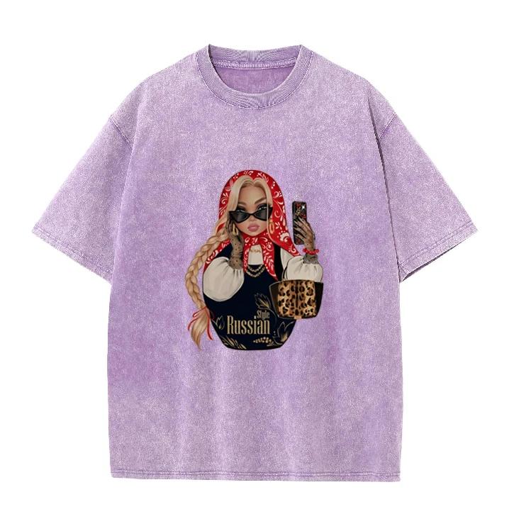 Fashion Russian Style Babushka Doll Print T-shirt Vintage Washed Casual Loose Short Sleeve Streetwear Tops