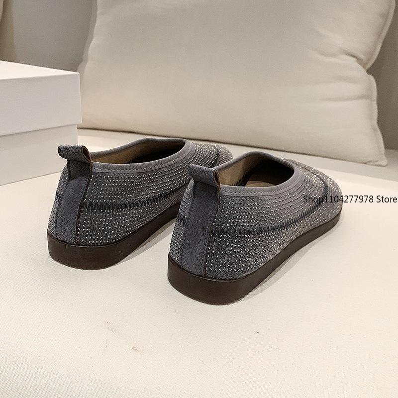 Fashion Women Flats Rhinestone Mesh Breathable Sneakers Women Soft Bottom Knit Ballet Loafers Shoes Casual Slip on Boat Shoes for Women