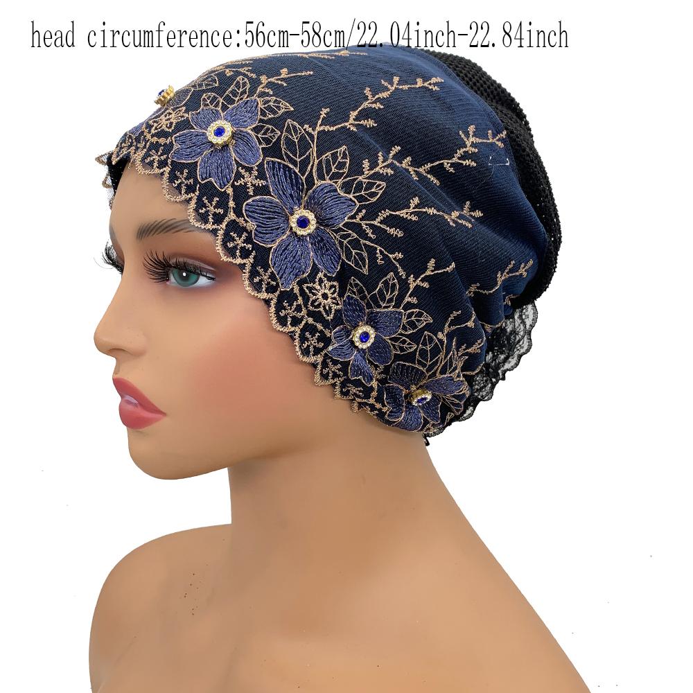 Women's Elegant Hairbands Embroidery Flower Turban Cap - Soft Lace Head Wrap Hat with Shiny Rhinestones for Women