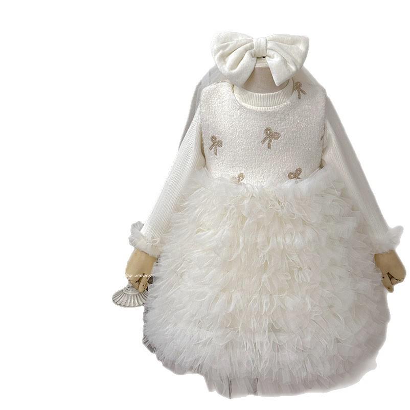 2025 Winter Red Velvet Mesh Princess Dress for Toddlers with Bowknot