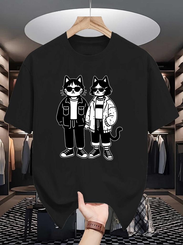 Unisex Crew Neck Tee Cool Couple Cats Streetwear Graphic Print Soft Cotton Loose Breathable Short Sleeve Summer Casual Street Tops