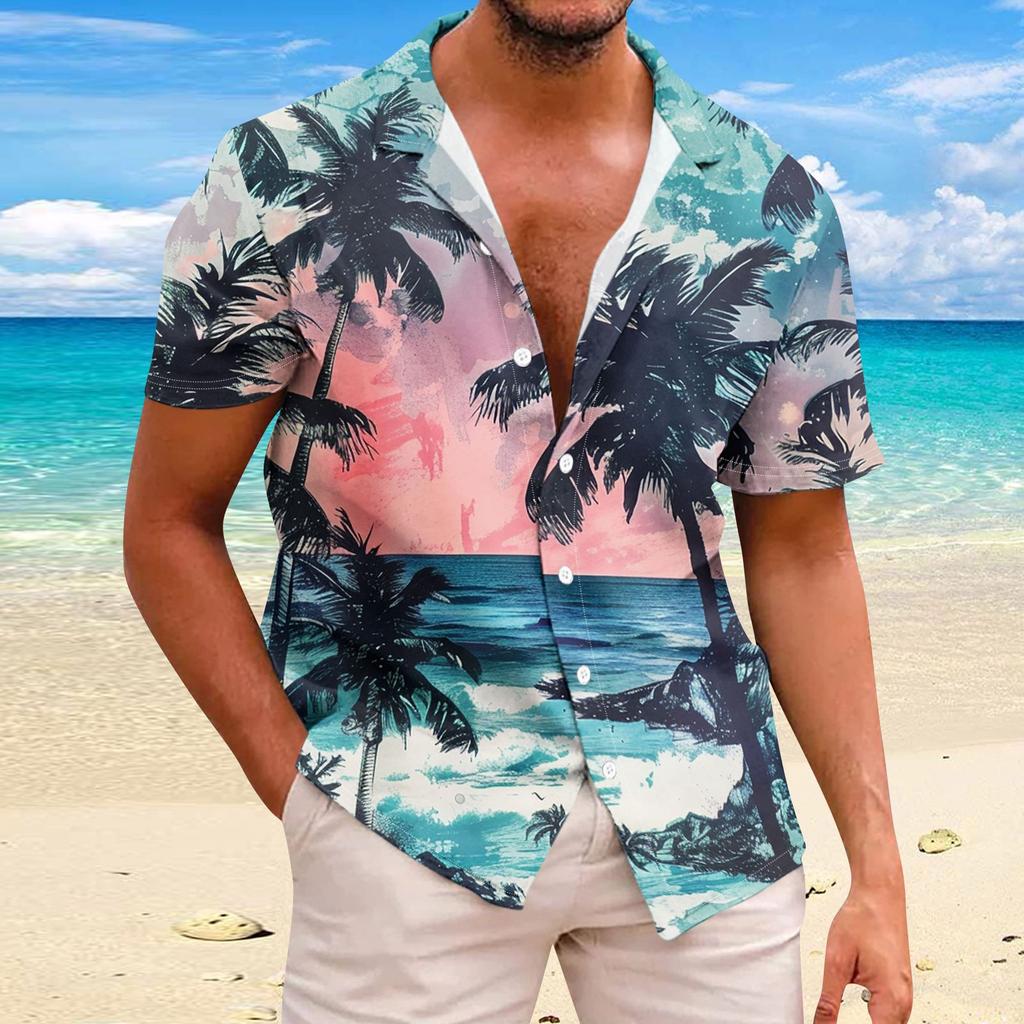 Shirt For Men Casual Fashion Summer Short Sleeve Buttons Printed T Shirt Top