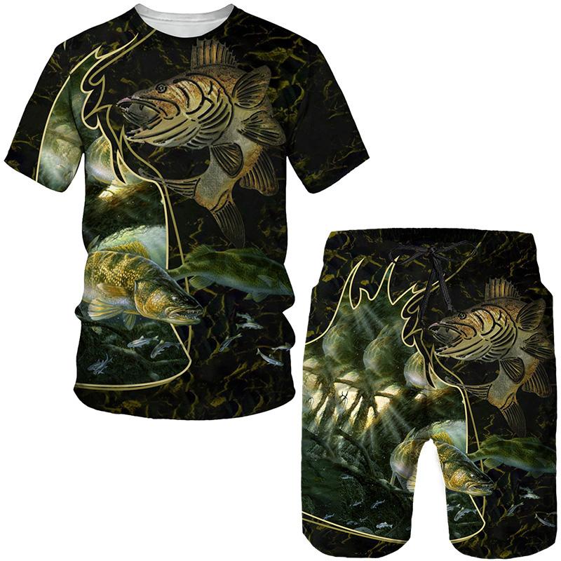 Fishing Fish 3D Print T-Shirts Shorts Sets Men's Tracksuits Fashion Oversized Short Sleeve T Shirt Pants Set Man Suits Clothing