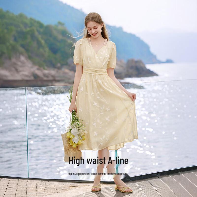Women's Yellow Floral V-Neck Midi Dress