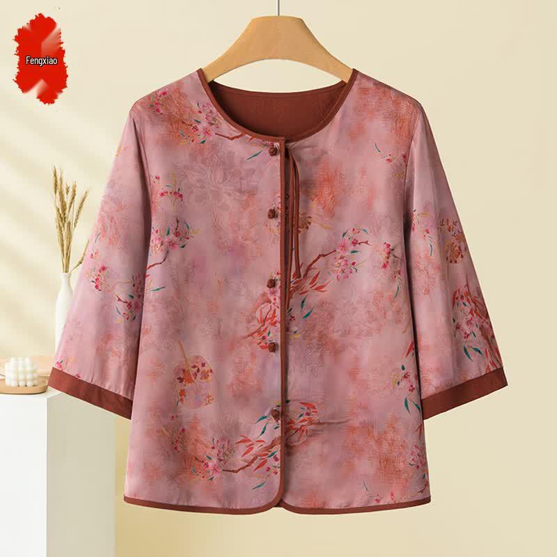 New Chinese Style Seven-Sleeve Floral Shirt for Mid-Aged Women 5XL