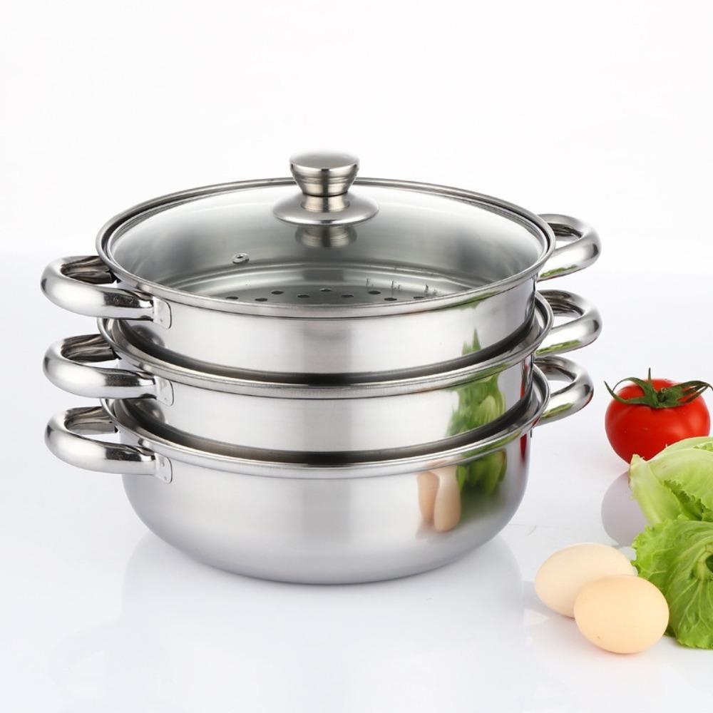 3 Tier Stainless Steel Steamer with Glass Lid 28cm Steaming Cooker Thickened Cookware Multifunctional Cooking Pot