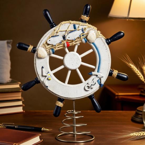 Nautical Ship Steering Wheel Tree Topper Wooden Steering Wheel Christmas Treetop Ornament with Shells Ropes And Fish for Beach Theme Home Decor