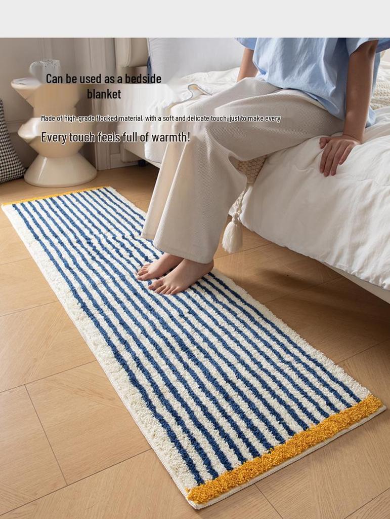 Thickened Anti-Slip Bedroom Rug: Flocked, Wear-Resistant, Water-Absorbent Foot Pad with Simple Striped Design