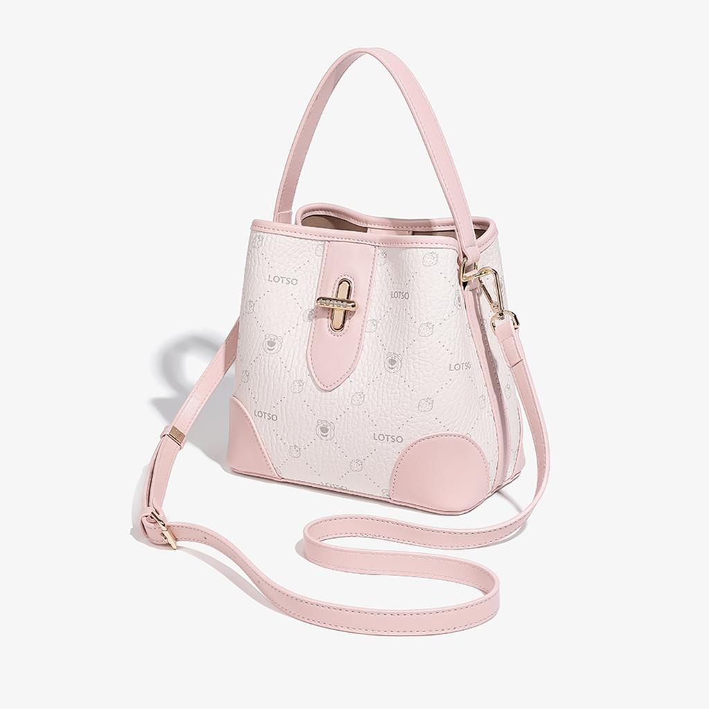 New Disney Strawberry Bear Series PVC Bucket Bag Handbag Women's Strawberry Pink/Cream White BMK-72626