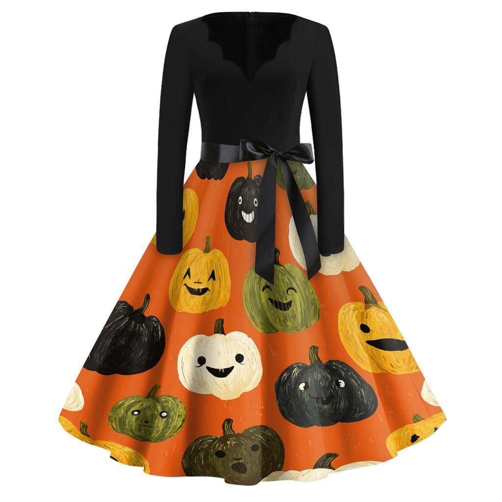Women's Casual Vintage V Neck Dress with Long Sleeves Halloween Print Full Skirt Midi Dress with Waist Tie for Everyday Wear