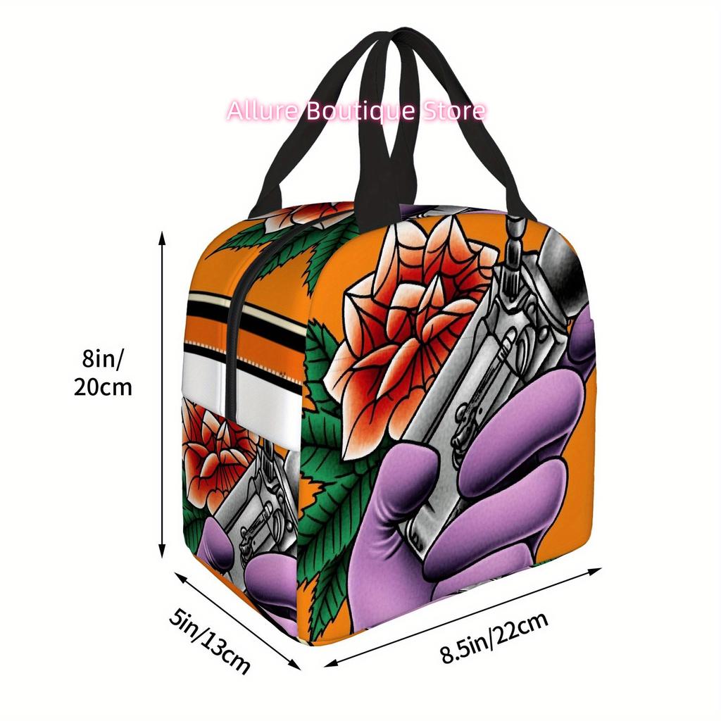 1pc Tattoo Art Thermal Insulated Bag with Rose & Needle Design - Vibrant Orange, Black & White, Reusable & Portable for Home, Of