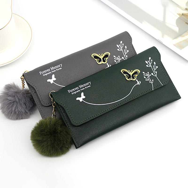 Womens Wallet Cute Elegant Long Slim Card Holder Case Minimalist Coin Purse Zipper Wallet With Fur Ball Bow Decor