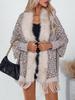 Leopard Print Fur Collar Knitted Cardigan: Autumn/Winter Batwing Sleeve Cape