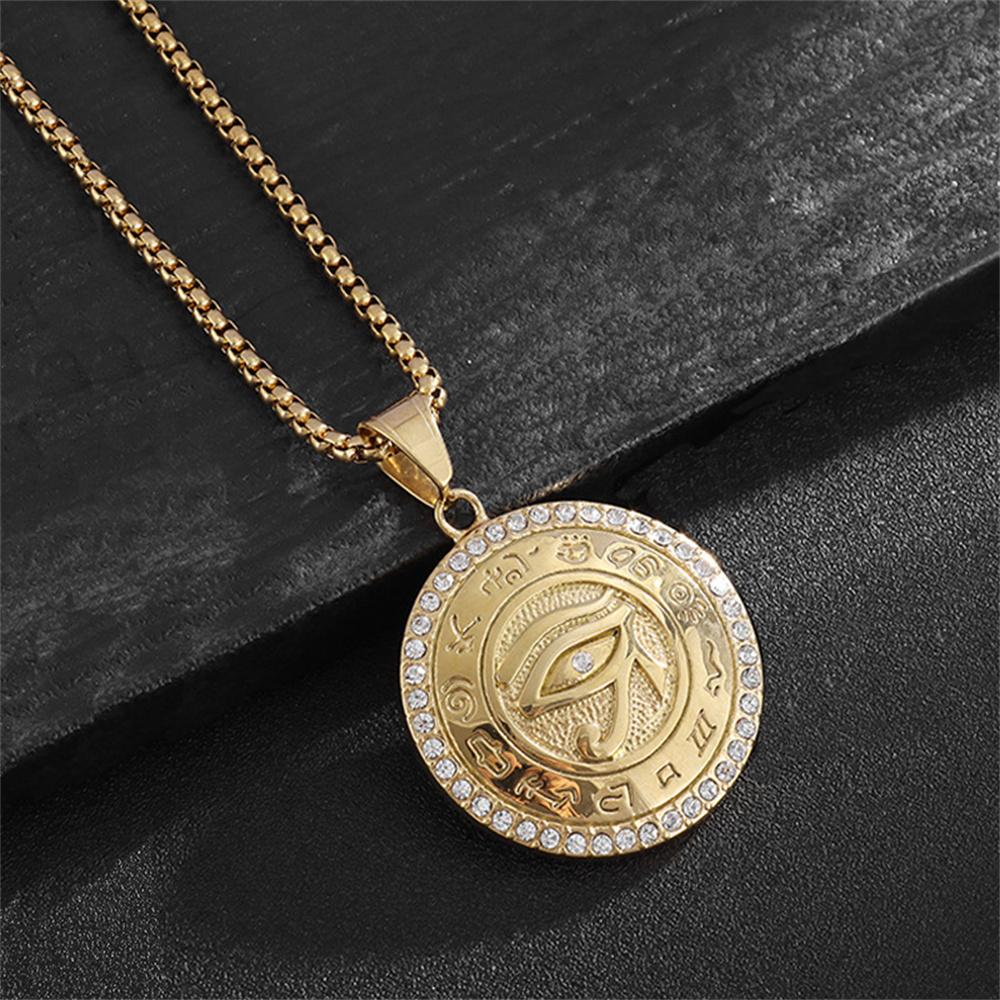 Ancient Egypt The Eye of Horus Pendant Gold Male Color Stainless Steel Zircon Round Necklace for Men Egyptian Jewelry Gift