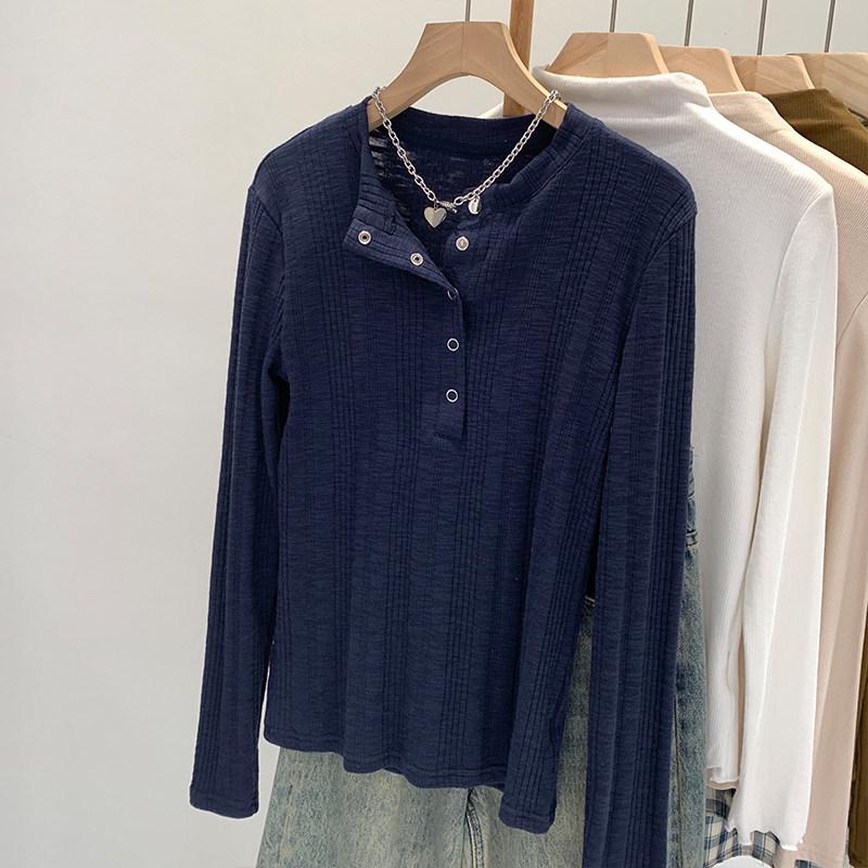 

Korean Striped Snap-Button Long-Sleeve Women s T-shirt, Lightweight Professional, Slimming Base Layer for Autumn/Winter/Spring. Medium темно-синий