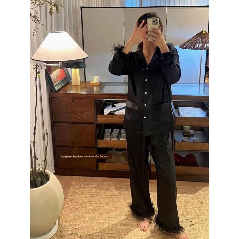 Dutch Original Order ~ Diamond Buckle Pink Feather Pajamas Women's Long Sleeve Pants Suit Ice Silk Classy Trendy Homewear