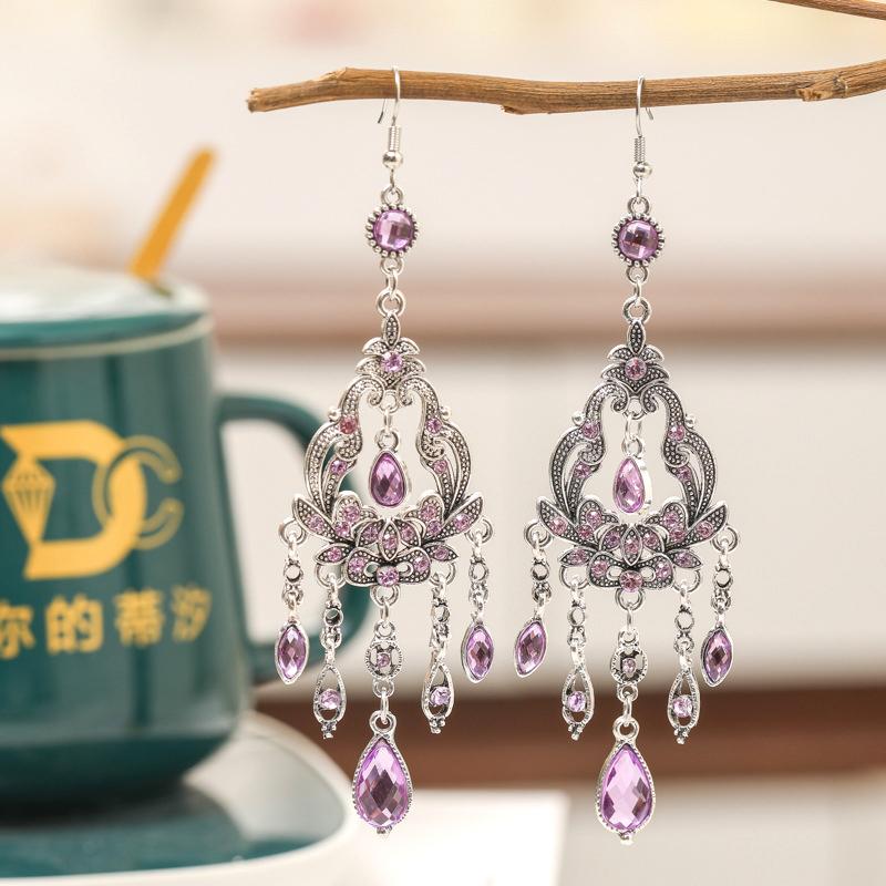 Vintage Ethnic Rhinestone Long Earrings Light Luxury Texture Flower Shaped Water Drop Earrings for Women Retro Jewelry Gift
