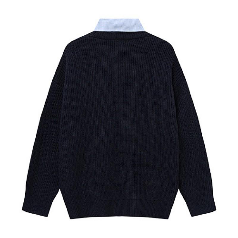 V-neck Knit Cardigan Preppy Vintage Colorblock Fake 2-piece Long Sleeve Casual Outerwear Teens