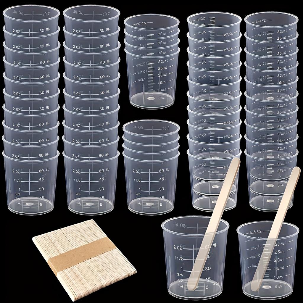 30Ml/1Oz Plastic Measuring Cups Made of Transparent Epoxy Resin Mixed Cups with 50 Wooden Mixing Sticks, Suitable for Resin, Epoxy Resin, Stains