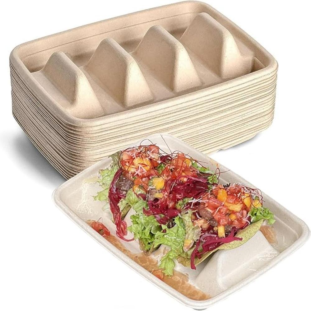 50Pcs with Lid Disposable Taco Plates 3 Compartments Taco Serving Tray Taco Holder  School