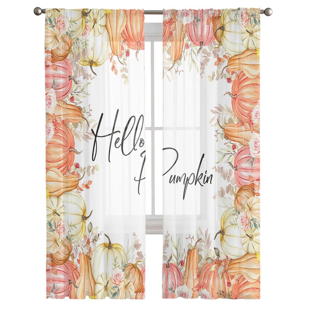 Thanksgiving Pumpkin Flowers Sheer Curtains For Living Room Bedroom Tulle Curtain For Kitchen Voile Curtain Blind Panels