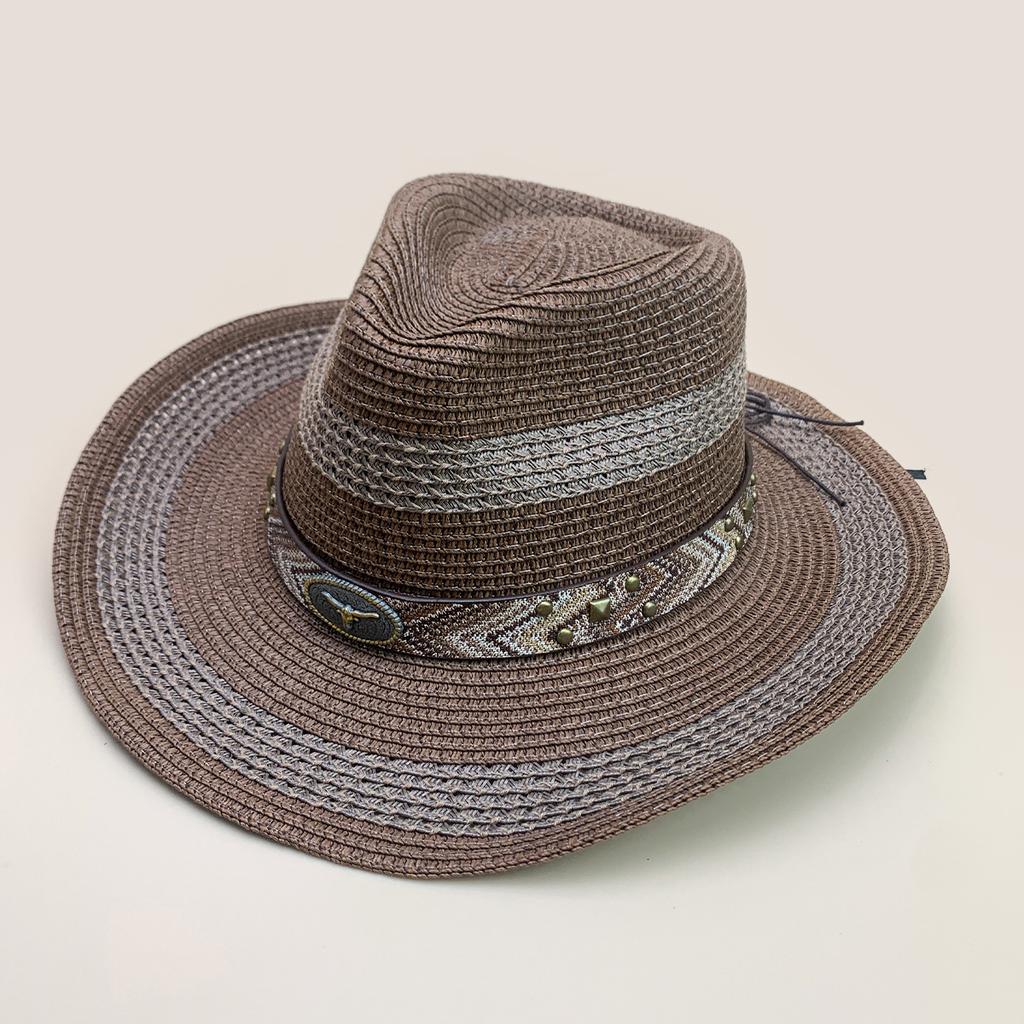 Tibetan Xinjiang Cattle Head Western Cowboy Hat Men And Women Shading Gradual Change Color Outdoor Mountaineering Straw Hat