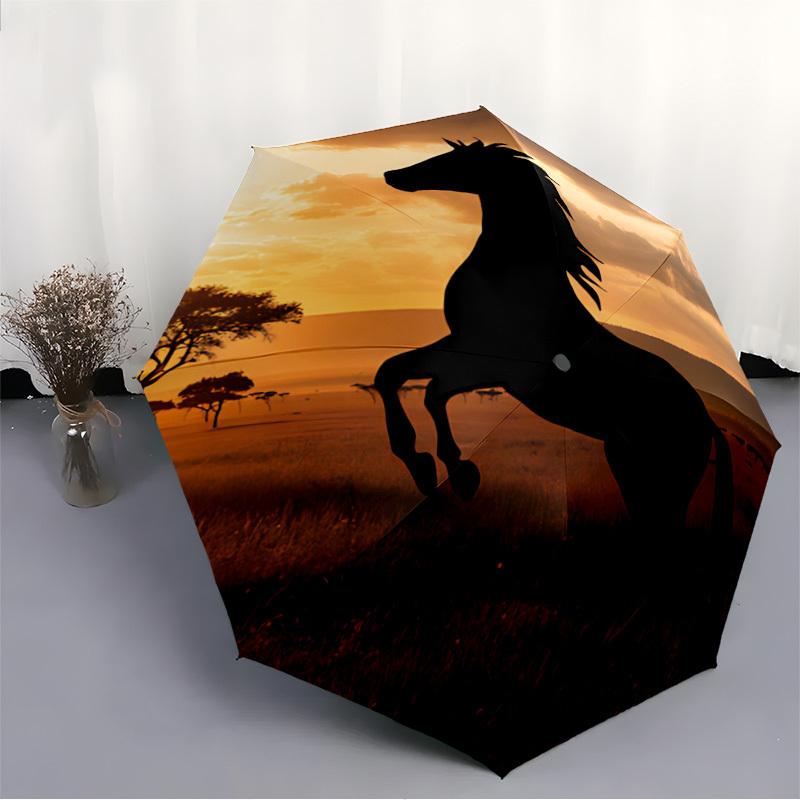 1PC Horse Sunset Automatic Folding Umbrella Portable Collapsible 8-Rib Umbrella for All Seasons, Casual Outdoor Accessory, A36