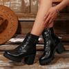 Fashion Block Heel Single Boots Autumn New Round Toe Lace-Up Front Metal Belt Buckle Platform Non-Slip Mid-Tube Boots
