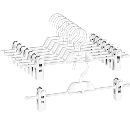 ZPOW Plastic Skirt Hangers with Clips, Bottom Hangers for Trousers, Slacks, and Pants, 360-Degree Rotating Hooks, Connecting Hooks, Adjustable Size, S