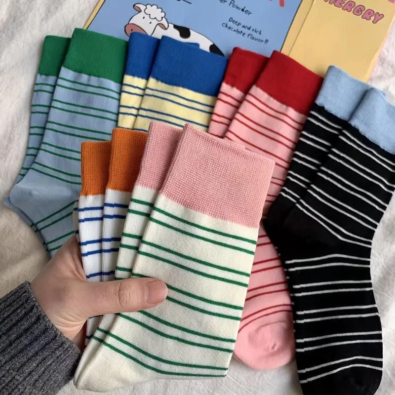 1/6 Pairs Women Colorful Striped Mid Tube Socks Spring Summer Sweat Absorbing Breathable Dopamine Color Matching Casual Socks
