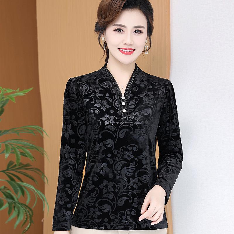 New Arrival: Plus Size Black Printed Long Sleeve T-shirt for Middle-Aged & Elderly Women, Loose Fit, Slimming, Versatile for Spring/Autumn.