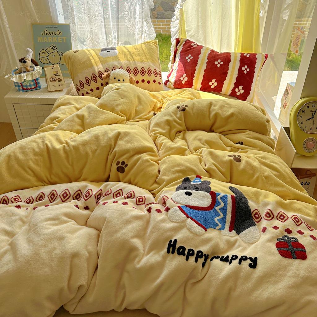 Thickened Milk Fleece Bed Four-Piece Set Coral Flannel Surface Towel Embroidered Quilt Cover Bed Sheet Three-Piece Bedding