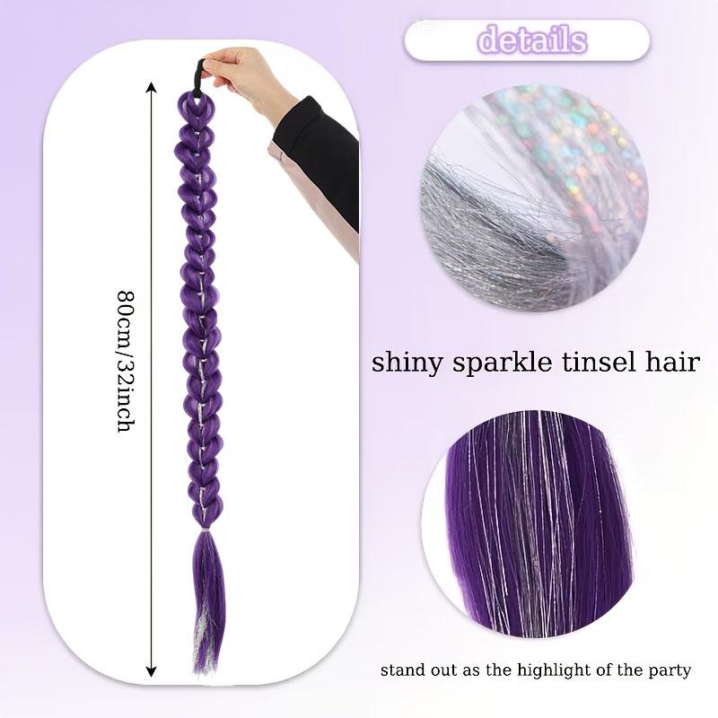 32inch Braided Purple Hair Ponytail with Tinsel Hair Wig Super Long Extensions Shiny Tinsel Hair for Kids Party Use Purple Wig
