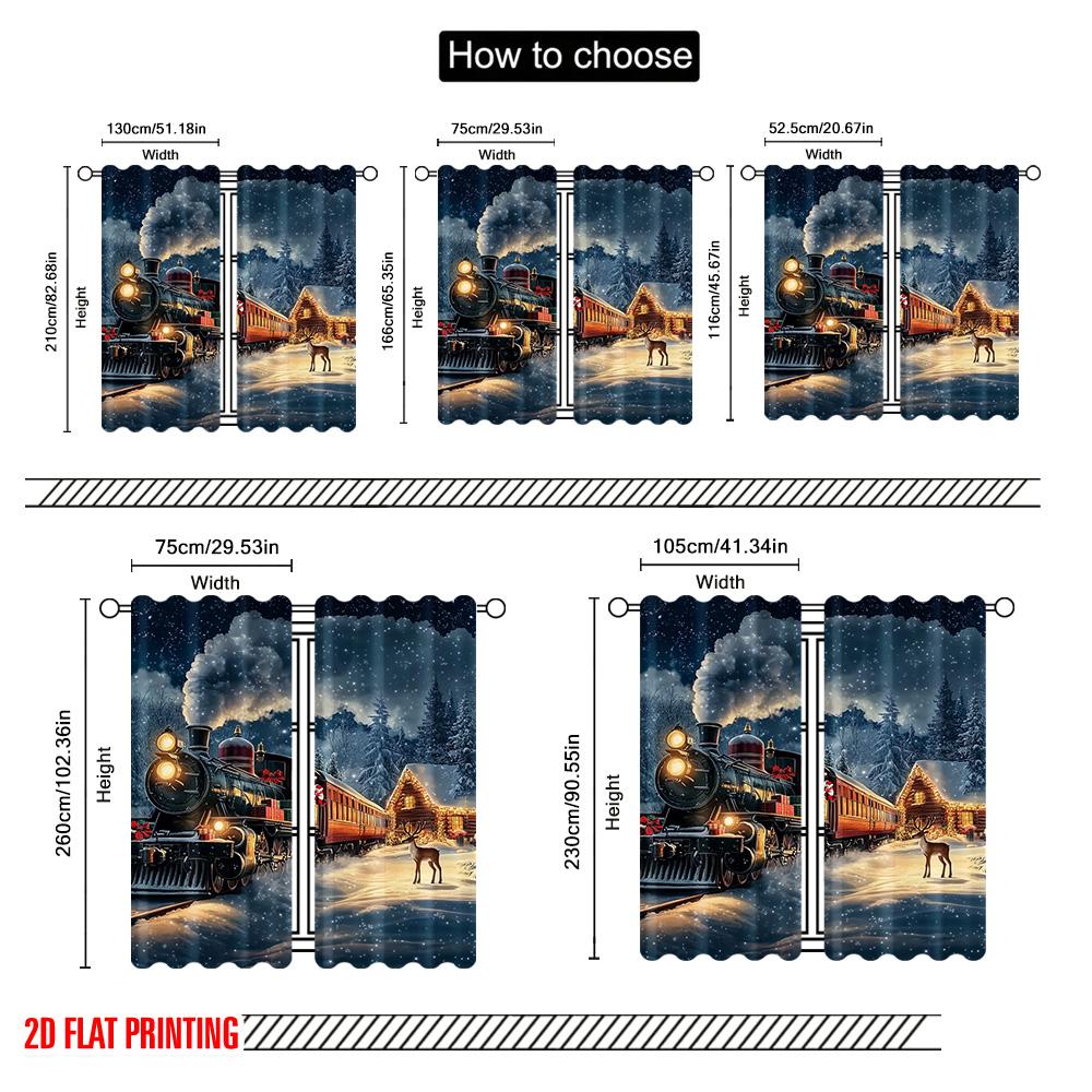 2pcs 2D flat printing Merry Christmas Curtain Christmas Train1 Versatile Polyester Fabric Without Electricity Family Party