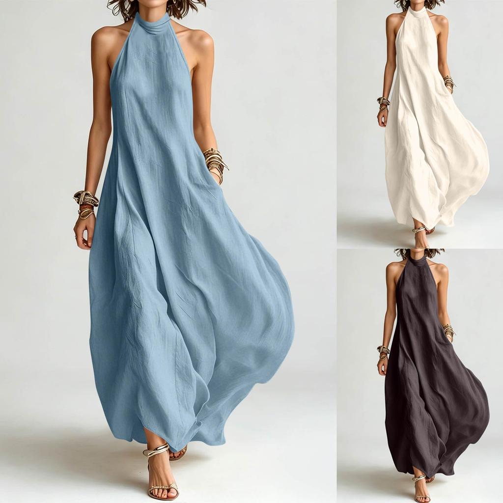 Bohemian Neckholder Maxikleid Lockere Passform Schulterfrei Ärmellos Langes Kleid Sommer Strandmode Lässiger Boho-Stil