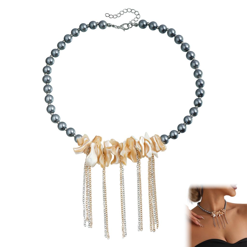 ZW598 Steel Color Alloy Necklace with Irregular Shell and Fringe Design for Women