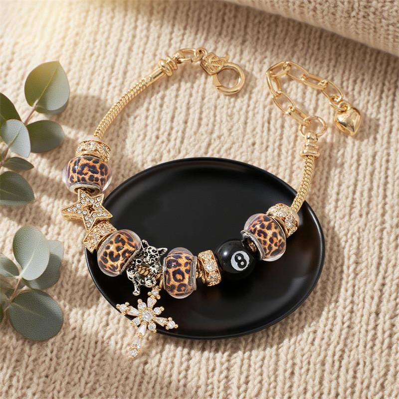 Elegant Leopard Print Cross Charms Adjustable Copper Bracelet For Women