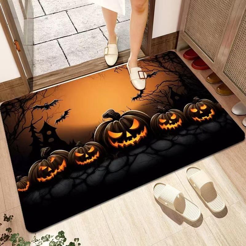 Halloween Theme Door Mat With Spooky Pumpkin Bat Haunted House Patterns Soft Decorative Entryway Rug For Home Indoor
