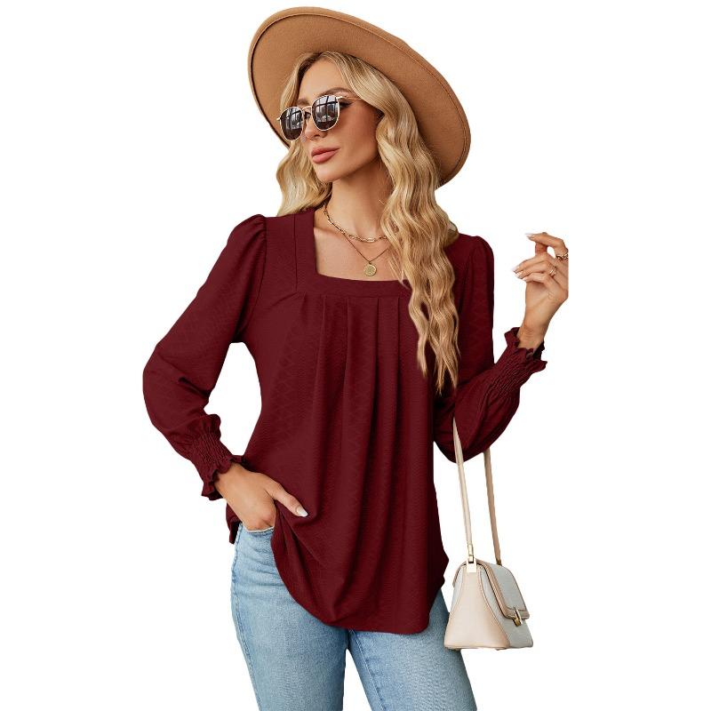 Solid Color Jacquard Pleated Square Neck Long Sleeve Tailcoat Solid Color T-shirt for Women