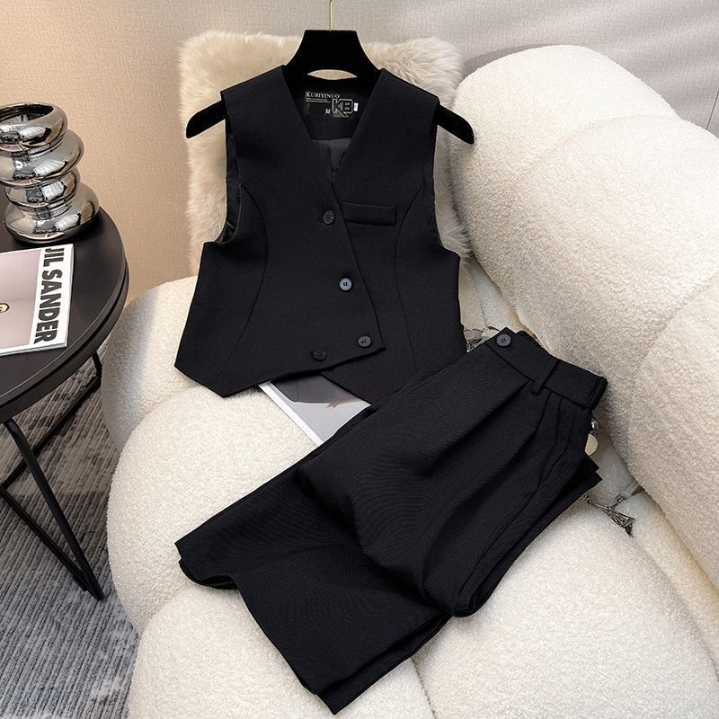 Simple Sleeveless Suit Vest Casual Wide Leg Pants Two-piece Set for Women Elegant Suit Set