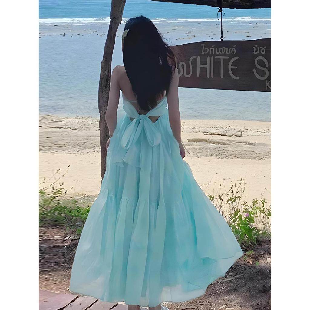 Travel shadow green backless neck sling chest pad dress women's summer Sanya seaside vacation beach dress super fairy wear