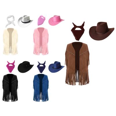 Unisex Kinder Cowgirl Kostüm Offene Weste Brustnieten Quasten Fransen Saum Weste Filz Cowboyhut Quadratisches Halstuch Set