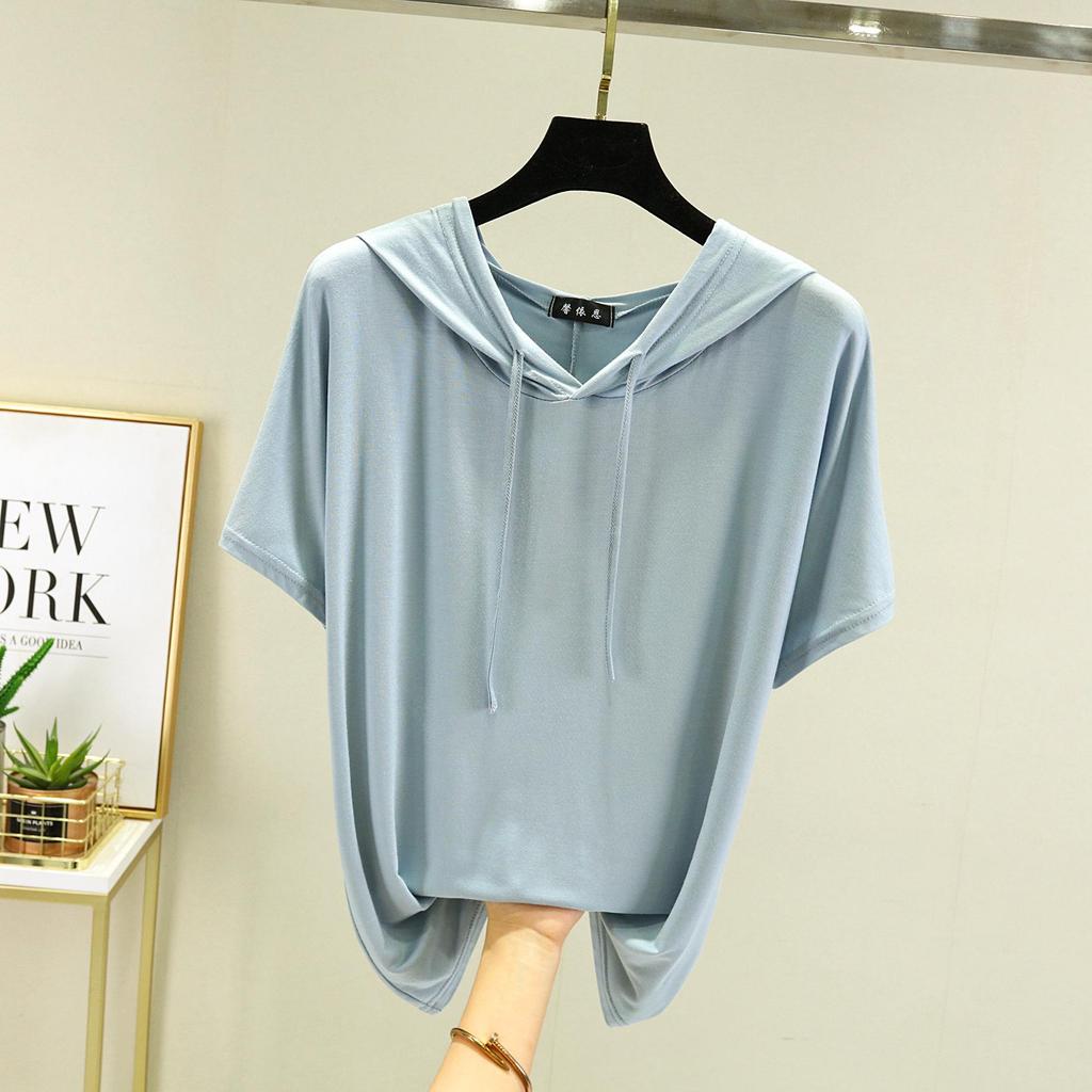 T-shirt à capuche manches courtes en modal pour femme Printemps/Été - Haut de base léger coupe ample